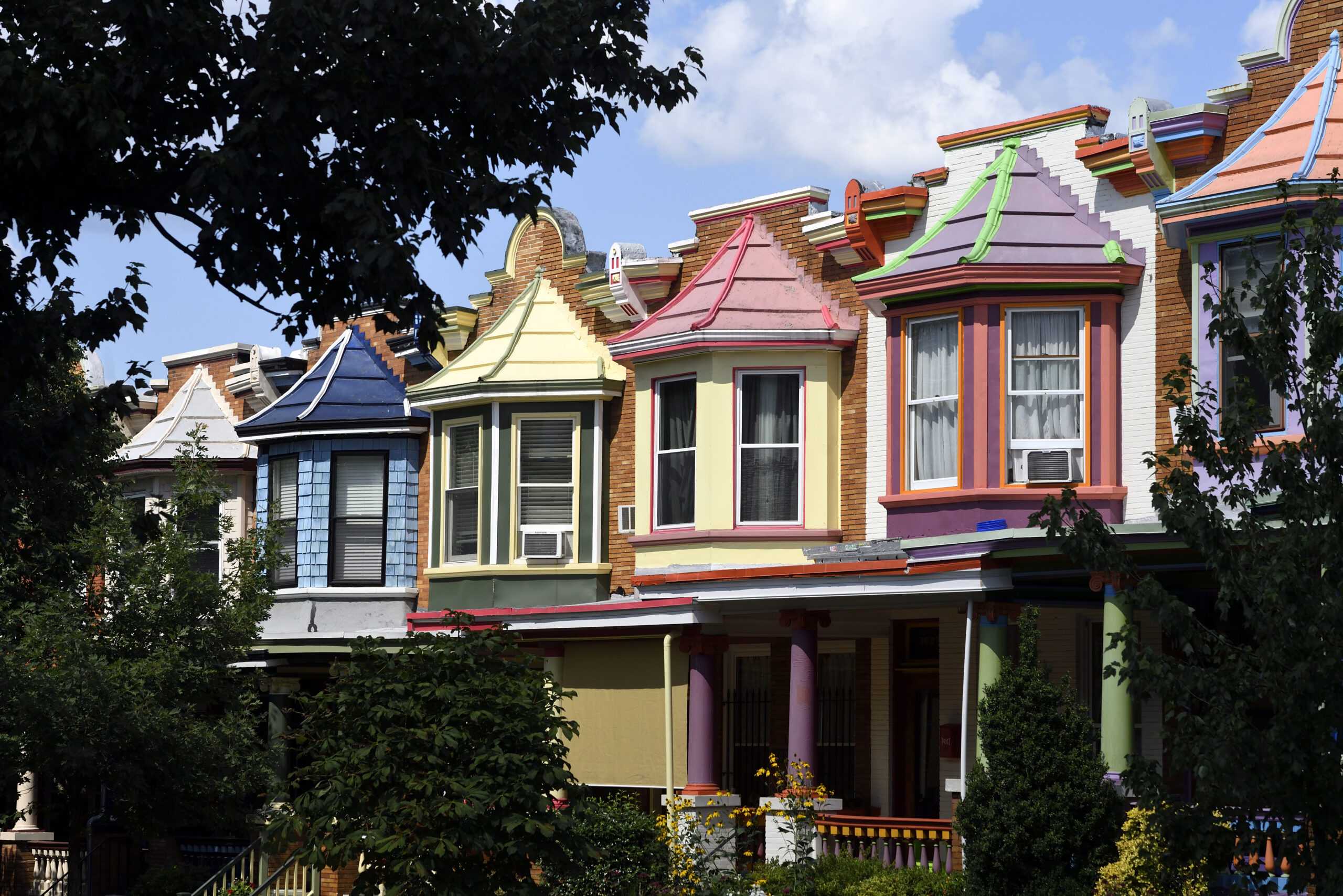 Rowhouses painted different colors in Baltimore's Charles Village neighborhood