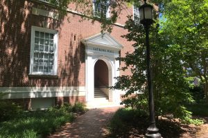 A side view of the entrance of the Latrobe hall on the campus.