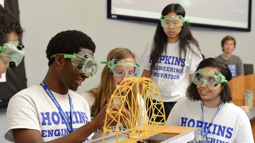 Students building a bridge put of spaghetti, while wearing protective eye gear.