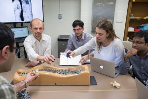 Five people seated around a table, with three of them are interacting with a simulation model of a human spinal cord