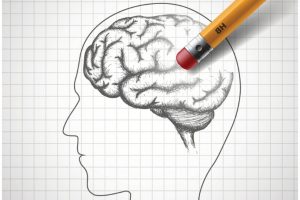a digital illustration that shows a human brain drawing being erased by a pencil eraser.