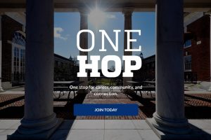 The text "One Hop" and "Join today" in the center with one of corridors of the campus as the background.