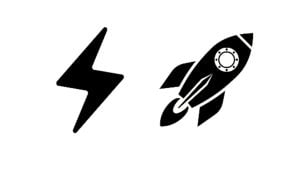 An digital icon of a thunder and rocket, black in color.