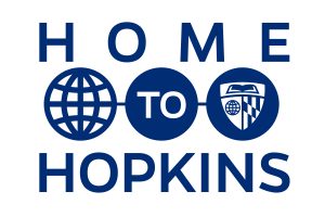 Logo of H2H with home text at the top, a globe, to in text and Johns Hopkins logo at the center and Hopkins text at the bottom