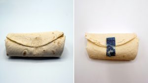 A collage of two burritos side to each other, one with clear tastee tape and other with blue tastee tape.