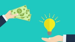 A graphic design of one hand holding money and one hand with a yellow bulb