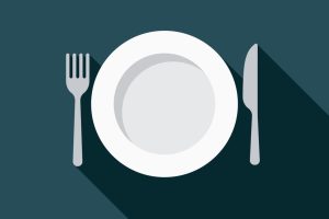 An illustrated, top-down view of an empty plate with a knife and fork on either side.