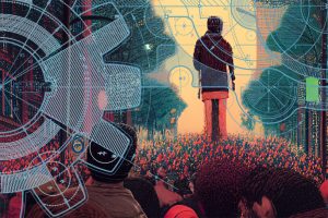 Illustration of a person standing in a field of flowers with gears overlayed on the scene