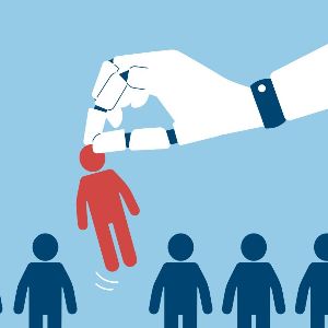 An illustration of a robotic hand plucking a generic person out of a lineup. The person is red while the rest of the lineup consists of blue people. 