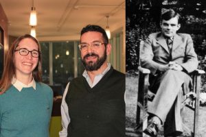 Two images side by side: On the left, instructors Michael Falk and Demere Woolway pose for a photo inside a campus building. On the right, an image of Alan Turing sitting in a chair.