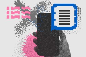 A illustrated graphic of a hand holding a cell phone surrounded by spraypainted icons