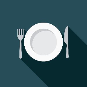 An illustration of an empty plate with a knife and fork. 