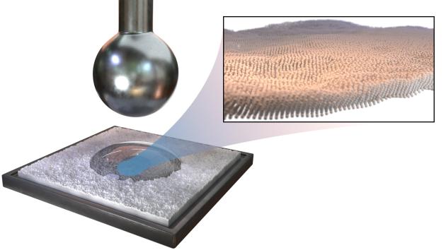 A silver sphere hangs over a surface with fatty acid layers.