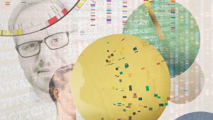 A collage including a headshot of Michael Schatz and graphics meant related to the human genome.