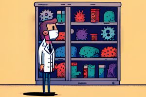 An illustration of a a scientist looking at a bookcase full of antibodies of different shapes and colors.