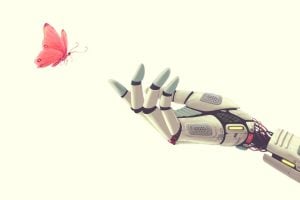 An illustration of a robotic hand reaching out to touch a pink butterfly.
