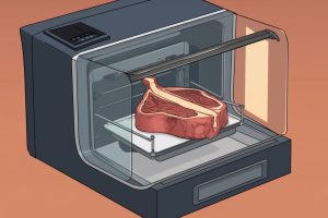 An illustration of a steak being printed inside a 3D printer.