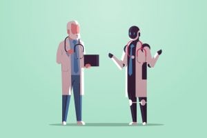An illustration of a human doctor talking to a robot doctor.