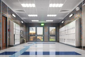 A rendering of the inside of a school entrance with a school bus visible outside.
