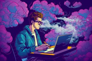An illustration of a computer user surrounded by clouds of vapor.