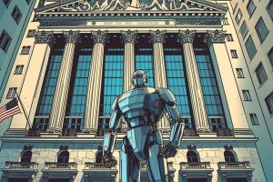 An illustration of a robot standing in front of the New York Stock Exchange.