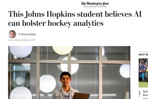 A screengrab of the Washington Post website. The headline is "This Johns Hopkins student believes AI can bolster hockey analytics" and features a picture of Tad Berkery holding a laptop.