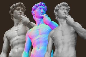3 images of Michaelangelo's David. A greyscale photo, a multicolored rendering, and a grey mesh version.