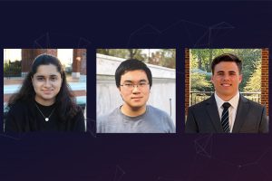 3 photos of the Whiting School of Engineering's 2023 Goldwater Scholars against a purple background.