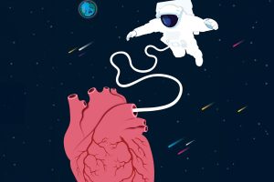 An illustration of an astronaut floating in space, tethered to a heart.