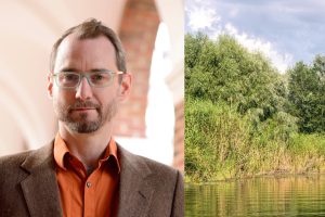 Two photos: Ciaran Harman headshot outdoors on campus and a small body of water and wetlands.