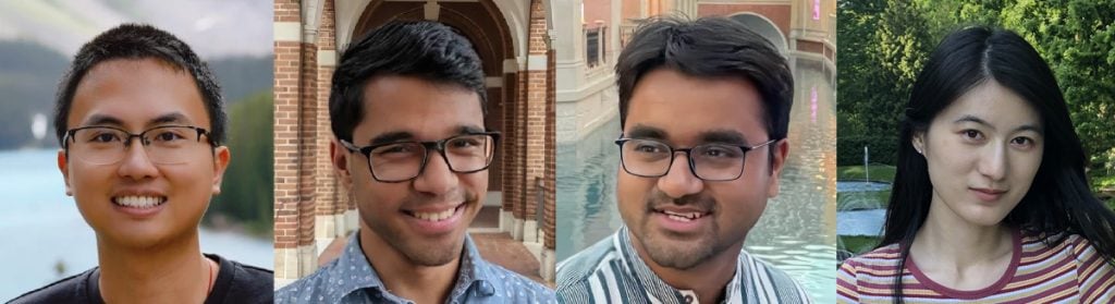 Four headshots of recipients: From left to right: Jiang Liu, Ambar Pal, Aniket Roy, and Xuan Zhang.