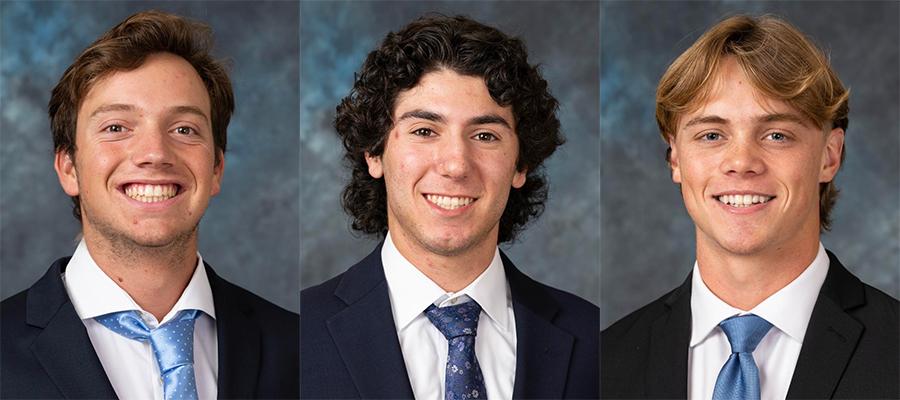 3 separate headshot photo portraits of students against a grey background. From left to right: Sophomore Alex Shane, sophomore Jacob Harris, and junior Jackson Roloff