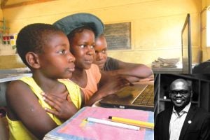 3 children sit at a laptop computer. Inset, a black and white photo of Emeka Ebo.