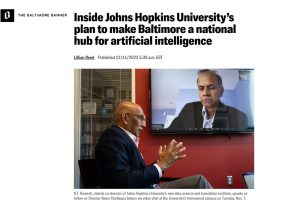 A screengrab of the Baltimore Banner website. The headline says "Inside Johns Hopkins University's plan to make Baltimore a national hub for artificial intelligence."