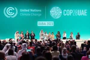 Attendees on stage and in the audience applaud during the COP28 conference.