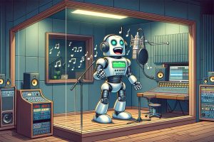 An illustration of a robot singing into a microphone inside a recording booth.