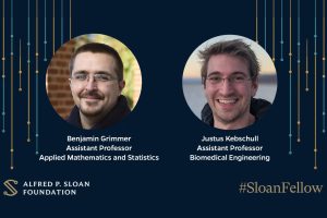 A graphic highlight Hopkins Engineers named 2024 Sloan Fellows, with headshot photographs of Benjamin Grimmer and Justus Kebschull, the Alfred P. Sloan Foundation logo, and the hashtag #SloanFellows