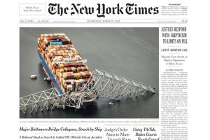 The front page of the March 27, 2024 New York Times, showing the collapse of the Key Bridge.