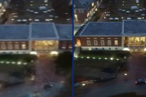 Two video stills, side-by-side, both of the Milton S. Eisenhower Library at night. The one on the left is blurry, the one on the right is sharper.