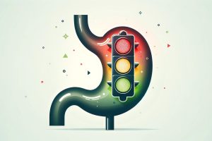 An minimalist illustration of a traffic light inside a stomach.
