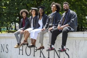 Students sitting on a wall at Hopkins University