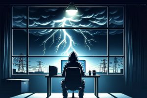 An illustration of a hacker working on a laptop in a dark room. Outside, a thunderstorm rages behind power lines.