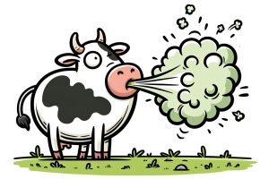 An cartoonish illustration of a cow burping in a field.