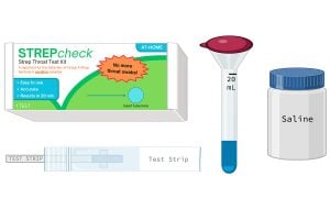 Illustration of the proposed components of the STREPcheck kit. The box, test strip, saline container and test strip.