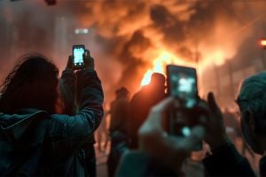A crowd of bystanders watches a fire, while two people record on their camera phones.