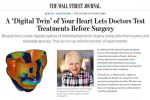 A composite image of the Wall Street Journal masthead and elements of a news story about digital twins, including a heart model and a photo of Natalia Trayanova.