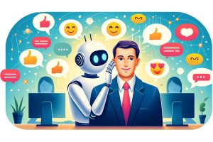 An illustration of an android whispering into a man's ear in an office setting. The air is filled with affirmative emojis like hearts, smiley faces, and thumbs-up.