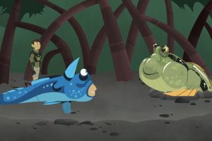 A still from TV animation: One of the Kratt brothers in animated form, watches as a Kratt brother as a mudskipper waves to another mudskipper.