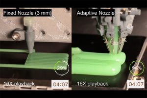 Screengrab of a side-by-side comparison of two 3D printing nozzles, a fixed and an adaptive. The Adaptive nozzle is much farther along in the process.