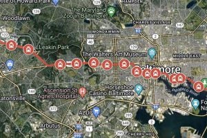 A map of Baltimore City with proposed Red Line and stops overlayed.